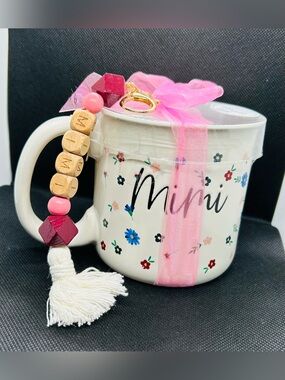 Floral Ceramic Mug with Pink Ribbon & Beaded Key Charm